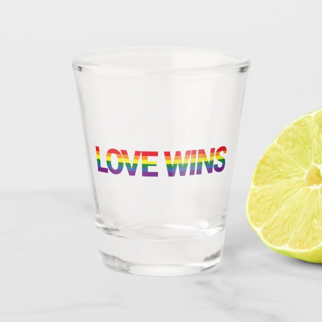 Modern, simple, colourful, vibrant design Love Win Shot Glass (Front)