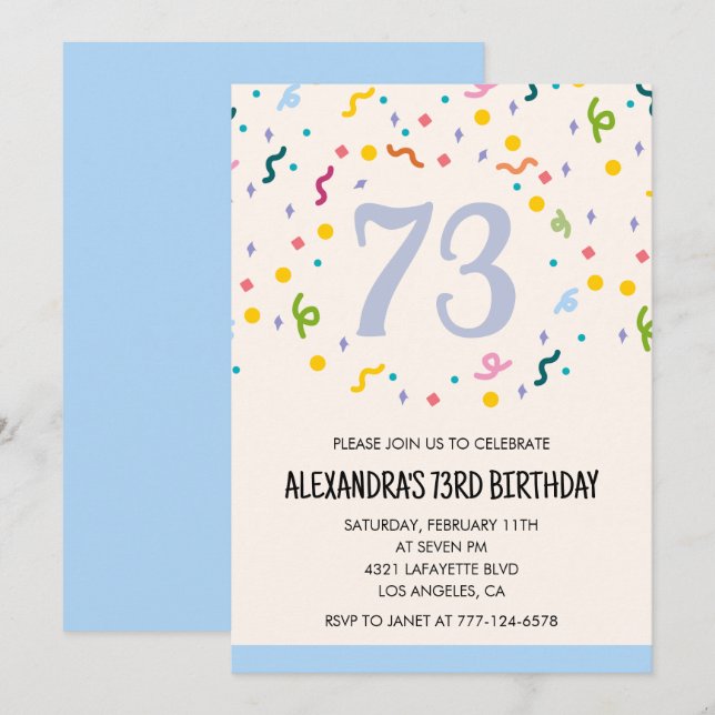Modern Simple Confetti 73rd birthday invitations  (Front/Back)