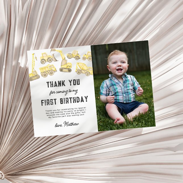 Modern Simple Construction Photo First Birthday Thank You Card (Creator Uploaded)