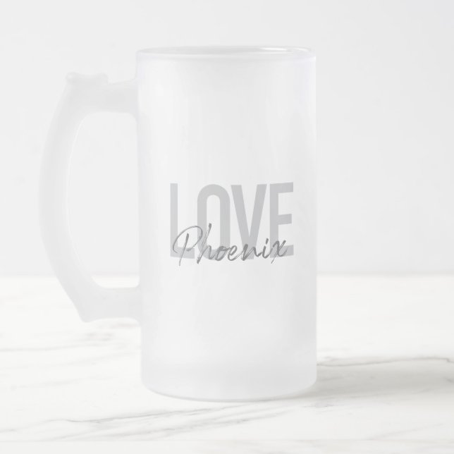 Modern, simple, cool, urban design Love Phoenix Frosted Glass Beer Mug (Left)