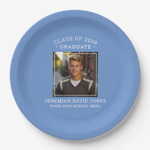Modern Simple Cornflower Blue Photo Graduation Paper Plate