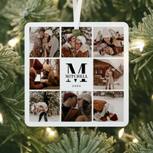 Modern Simple Couple Photo Collage   Monogram Gift Metal Tree Decoration