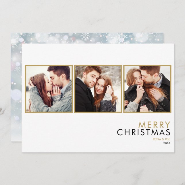 Modern Simple Couples 3 Photo Collage Christmas Holiday Card (Front/Back)