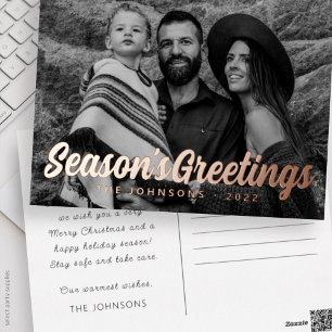 Modern Simple Cursive Script Greeting Family Photo Foil Holiday Postcard