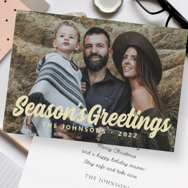 Modern Simple Cursive Script Greeting Family Photo Holiday Card (Creator Uploaded)