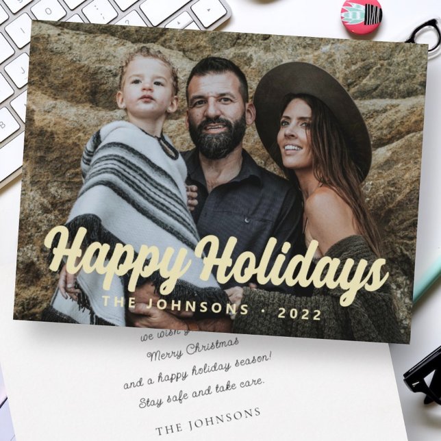 Modern Simple Cursive Script Greeting Family Photo Holiday Card (Creator Uploaded)