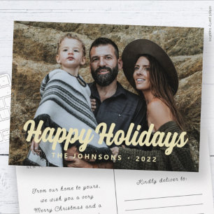 Modern Simple Cursive Script Greeting Family Photo Holiday Postcard