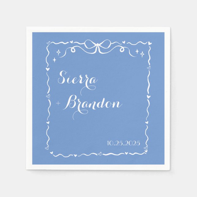 Modern Simple Custom Blue Ribbon Wedding Napkin (Front)