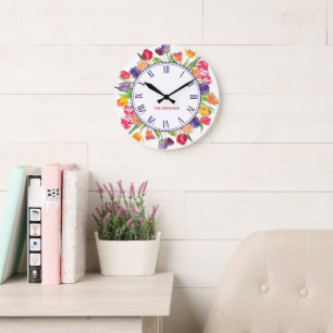 Modern Simple Custom Family Name Watercolor Floral Large Clock