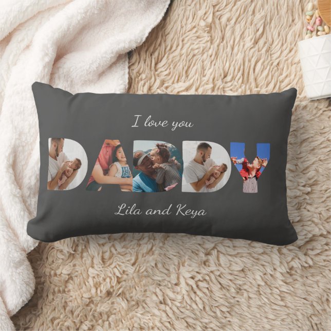 Modern Simple Custom Photo Collage DADDY Script Lumbar Cushion (Blanket)