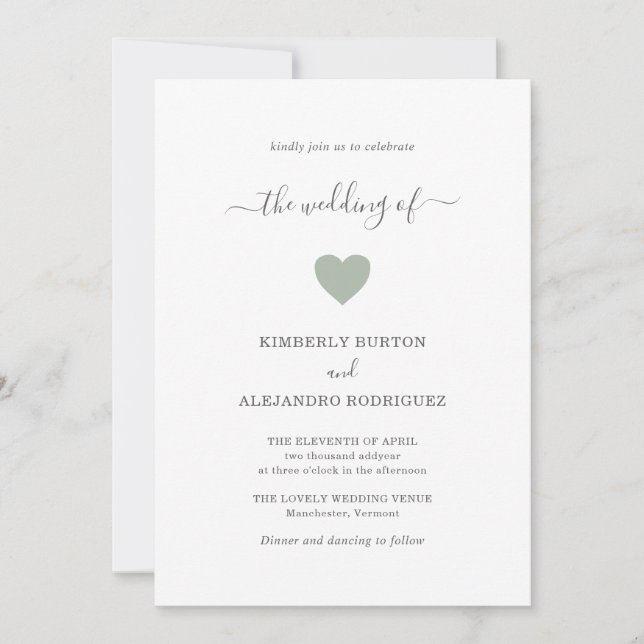 Modern Simple Cute Heart Green Sage Wedding Invitation (Front)