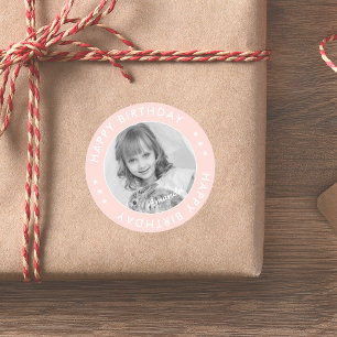 Modern Simple Cute Kids Pink Happy Birthday Photo Classic Round Sticker