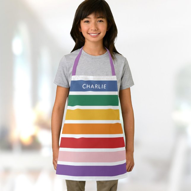 Modern Simple Cute Rainbow Custom Name Striped Kid Apron (Creator Uploaded)
