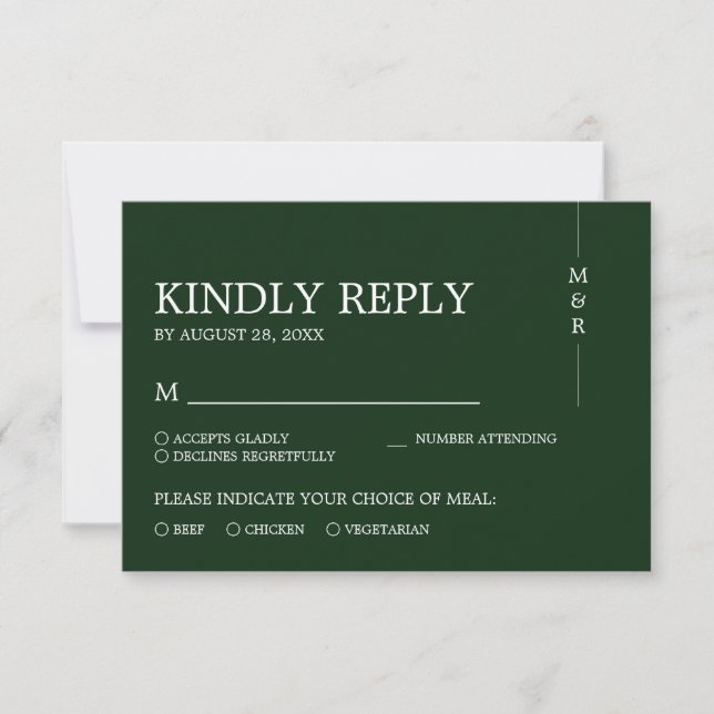 Modern Simple Dark Green Monogram Wedding RSVP Card (Front)