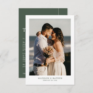 Modern Simple Dark Green with Photo Wedding Thank You Card