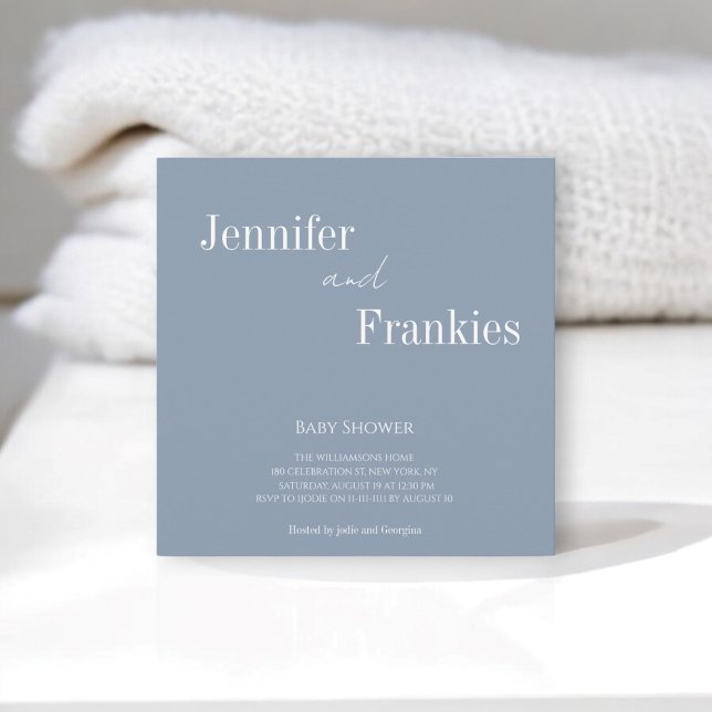 modern simple dusty blue baby shower  invitation (modern simple stylish typography  blue baby shower invitation with white text , chich and minimal)