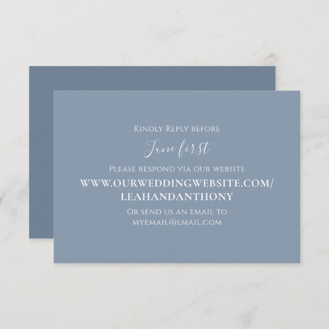 Modern Simple Dusty Blue Calligraphy Via Website RSVP Card (Front/Back)