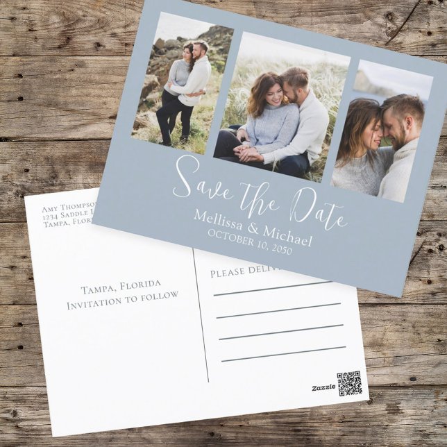 Modern Simple Dusty Blue Elegant 3 Photo Budget Postcard (Creator Uploaded)