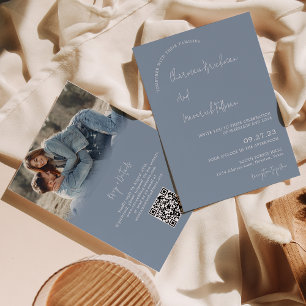 Modern Simple Dusty Blue RSVP QR code Wedding Invitation