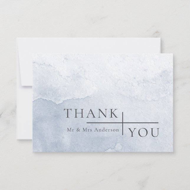 Modern Simple Dusty Blue Watercolor Wedding Thank You Card (Front)