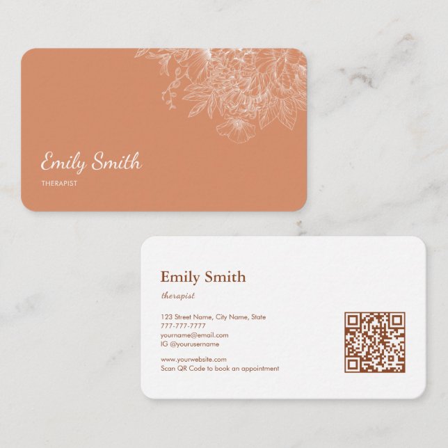 Modern Simple Dusty Orange Flower Line Art QRCode  Business Card (Front/Back)