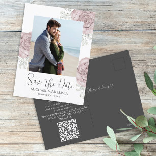 Modern Simple Dusty Rose Floral Photo QR Code Postcard