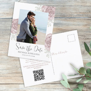 Modern Simple Dusty Rose Floral Photo QR Code Postcard