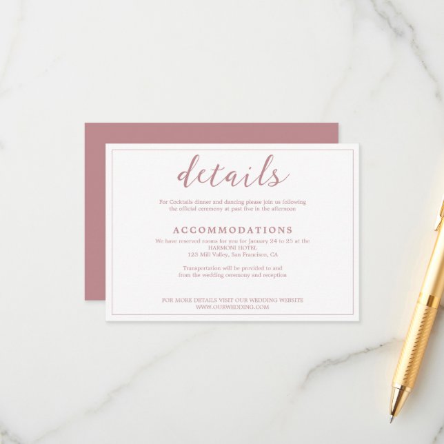 Modern Simple Dusty Rose Script in White Wedding Enclosure Card (Front/Back In Situ)