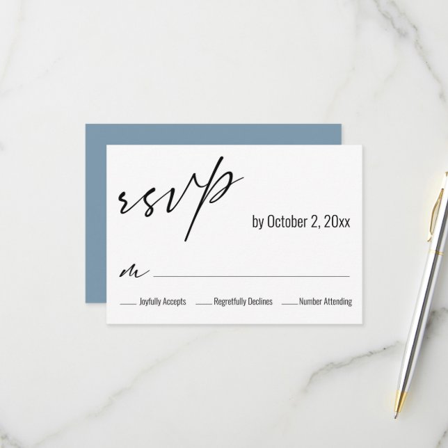 Modern Simple Elegant Dusty Blue Back Wedding RSVP Card (Front/Back In Situ)