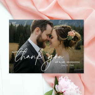 Modern Simple Elegant Handwritten Photo Wedding Thank You Card