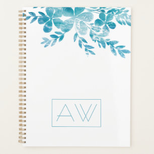 Modern Simple Elegant Monogram Blue White Floral  Planner