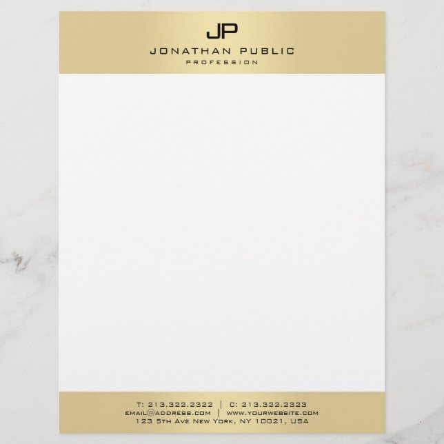 Modern Simple Elegant Monogram Gold And White Custom Letterhead (Front)