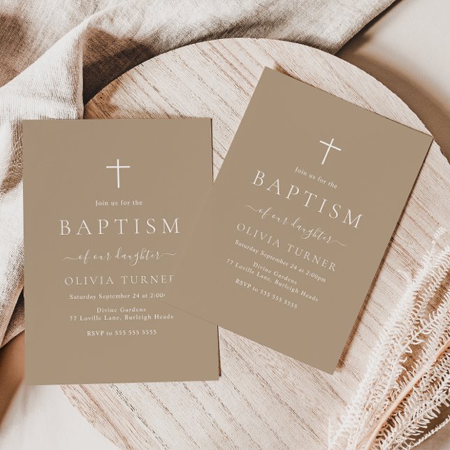 Modern Simple Elegant Pale Taupe Baptism Invitation (Creator Uploaded)