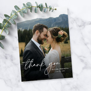 Modern Simple Elegant Script 2 Photos Wedding Thank You Card