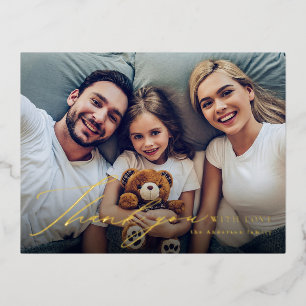 Modern simple elegant script photo thank you foil holiday postcard
