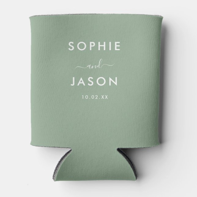 Modern Simple Elegant Wedding Script Personalized Can Cooler (Front)