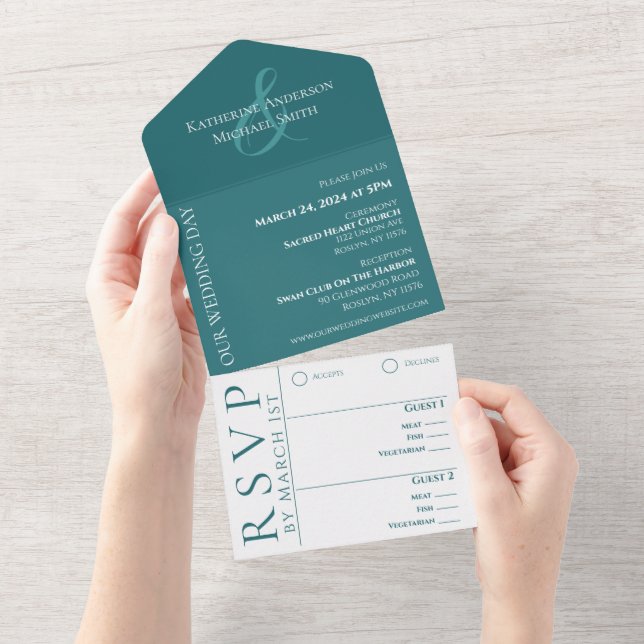 Modern Simple Emerald Green Wedding- All In One Invitation (Tearaway)