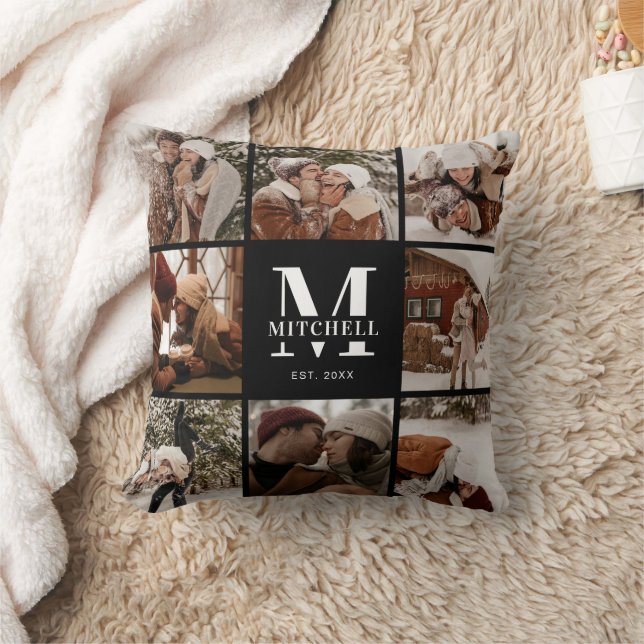Modern Simple Family Photo Collage | Monogram Gift Cushion (Blanket)
