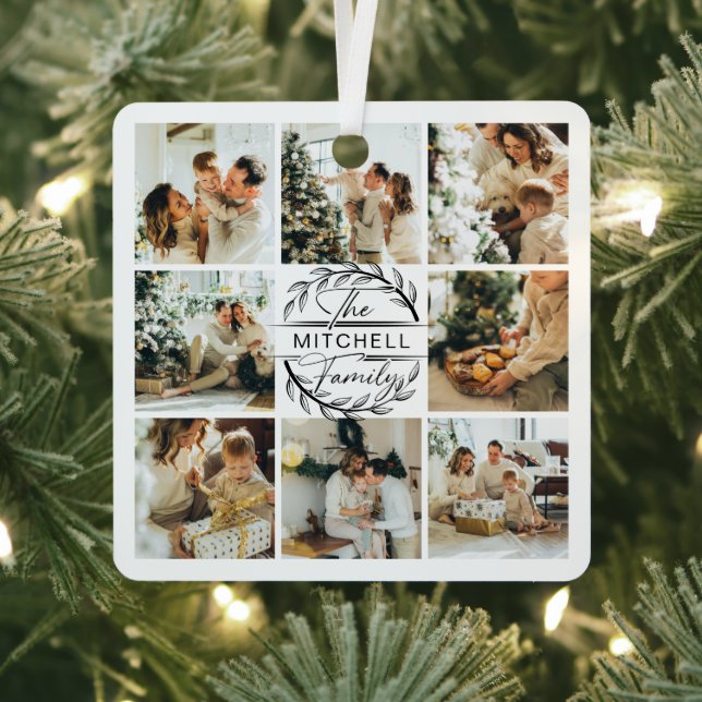 Modern Simple Family Photo Collage | Monogram Gift Metal Tree Decoration (Insitu)