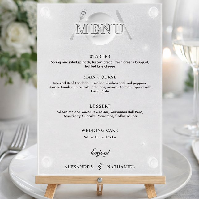 Modern Simple Faux Acrylic Black White Wedding  Menu (Creator Uploaded)