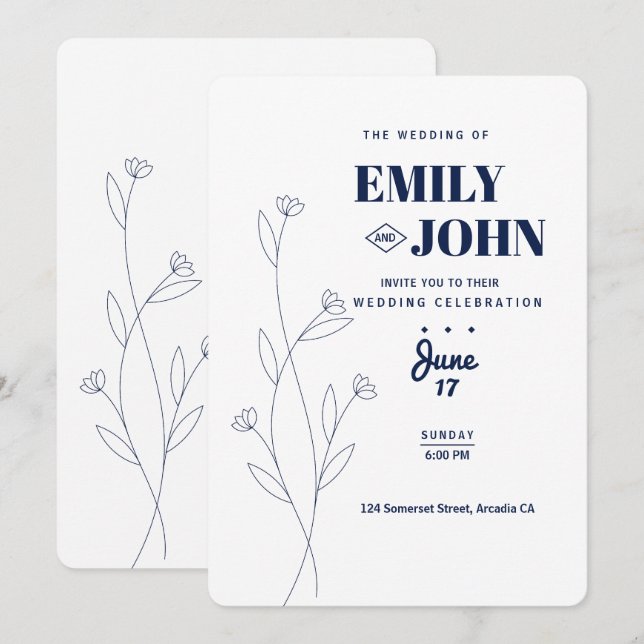 Modern Simple Floral Minimalist Wedding Invitation (Front/Back)