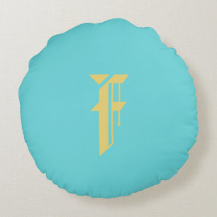 Modern Simple Floral Orange Blue Monogram Template Round Cushion
