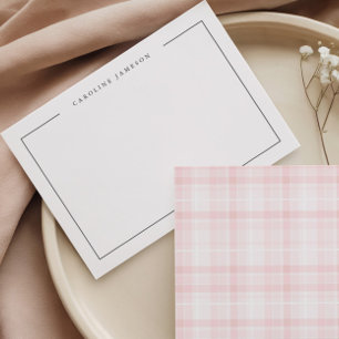 Modern Simple Floral Pink Plaid Flat Note Card