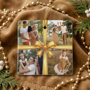 Modern Simple Gold Bow Custom 4 Photo Collage Ceramic Ornament