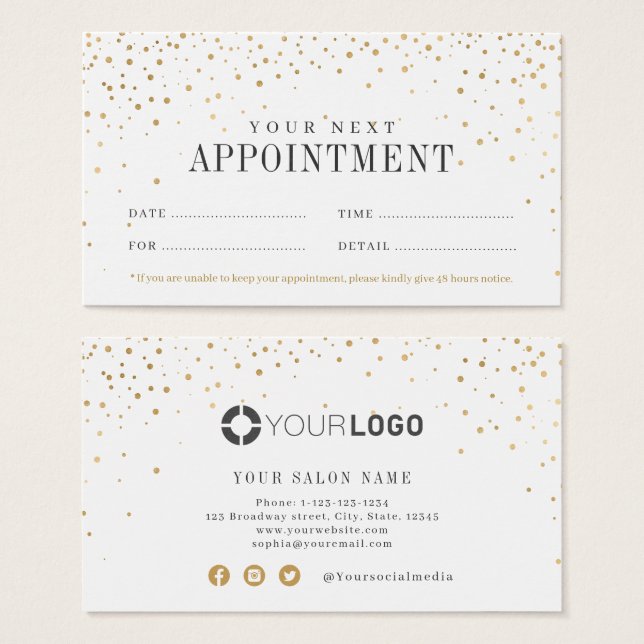 Modern simple gold glitter appointment card (Front & Back)