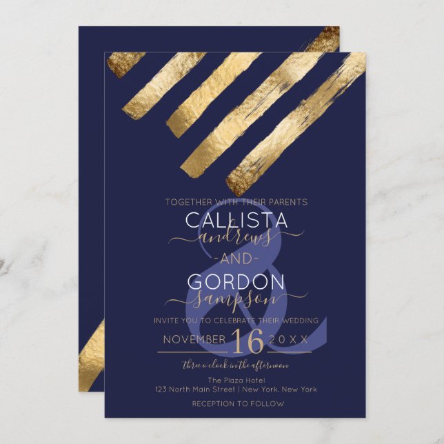 Modern Simple Gold Navy Blue Brushstrokes Wedding Invitation (Front/Back)