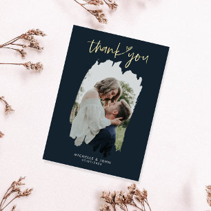 Modern Simple Gold Navy Photo Wedding Thank You Foil Greeting Card