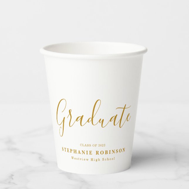 Modern Simple Gold Script Graduation Party Paper Cups (Front)