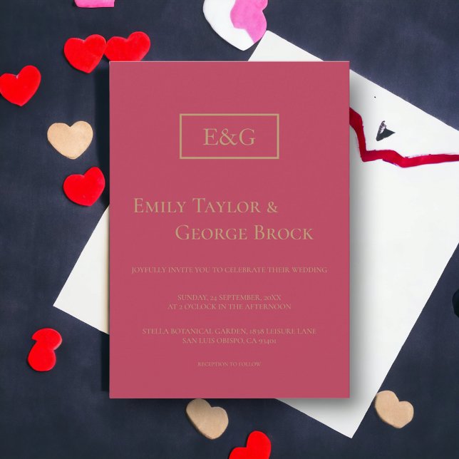 Modern Simple Gold Script Magenta Monogram Wedding Invitation (Creator Uploaded)