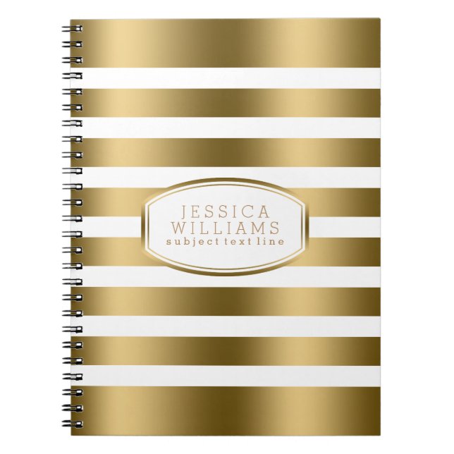Modern Simple Gold & White Stripes Pattern Spiral Notebook (Front)
